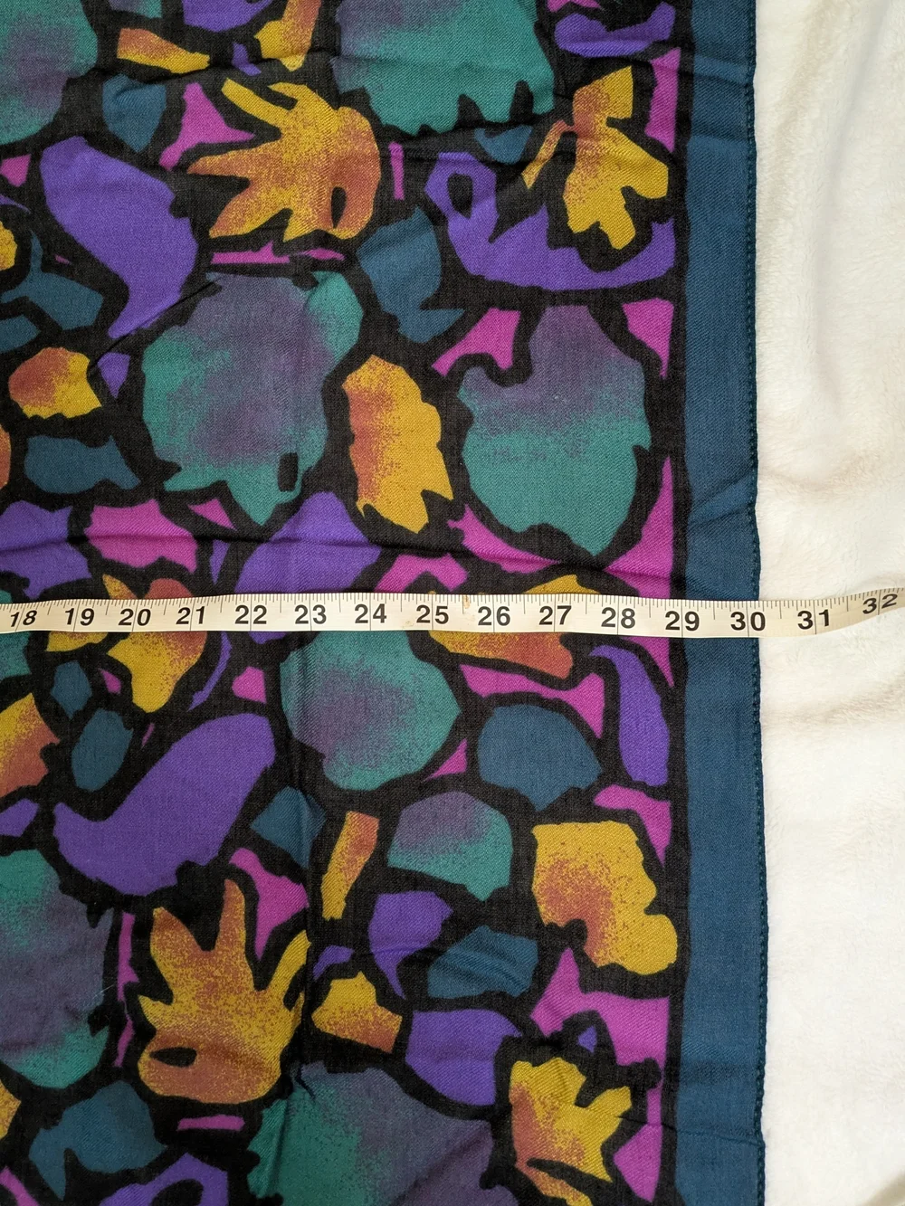 Abstract Leaf Print Silk Scarf - Teal, Purple, Mustard
